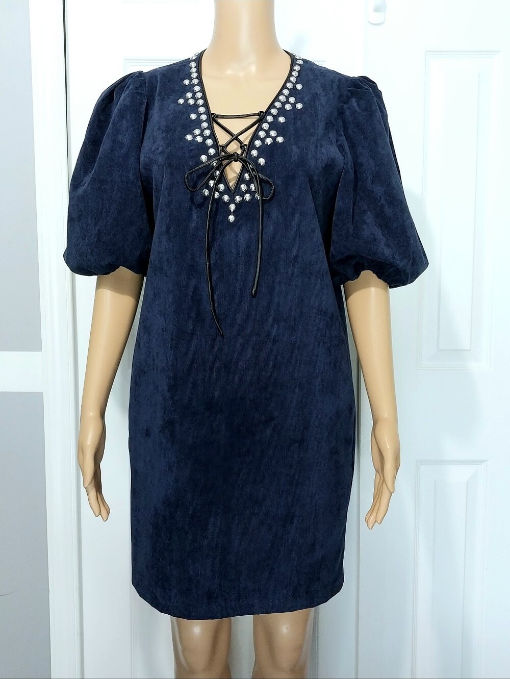 Sachin & Babi Tripp Dress in navy blue corduroy with studded leather trim.